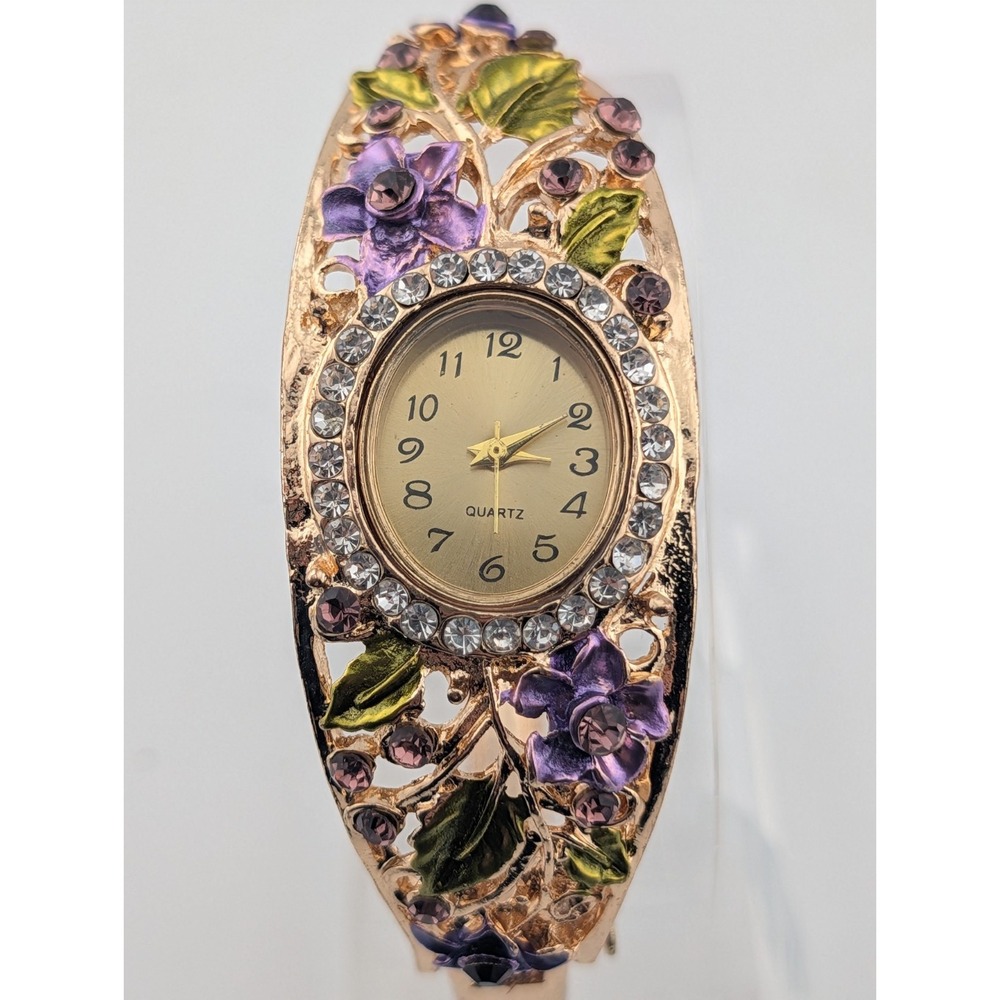 Crystal Flower Bangle Women's Watch Purple Accents- New Battery